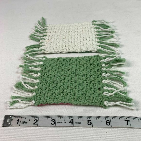 Mug Rugs Coasters Handmade Crochet Green White Fringe Set of 4 Home Decor - Picture 5 of 8